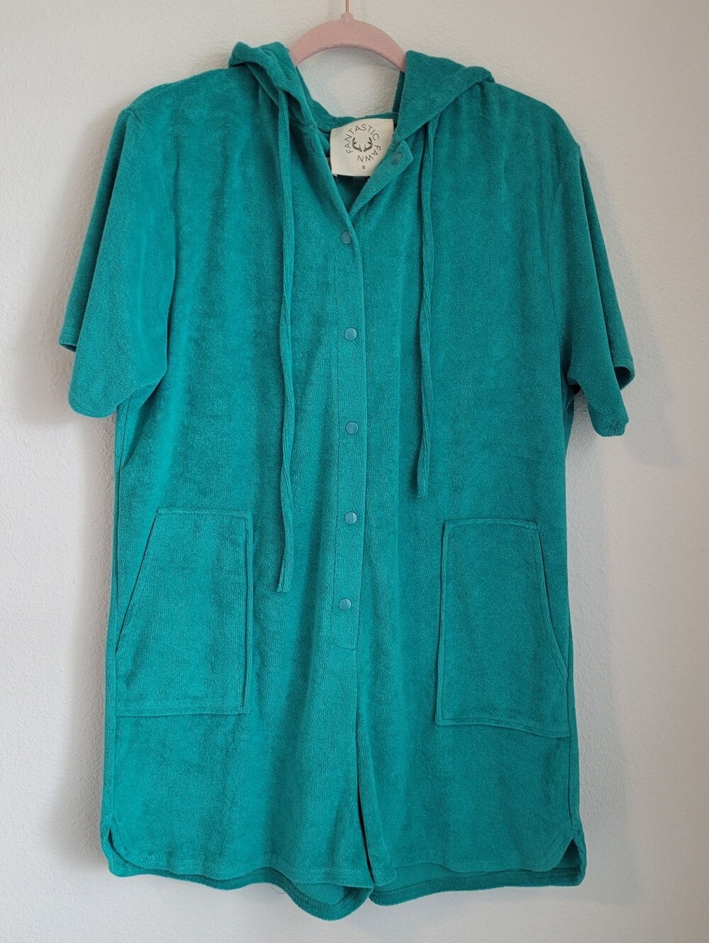 Fantastic Fawn Terry Cloth Hooded Romper Teal Green Snap Front Sz S